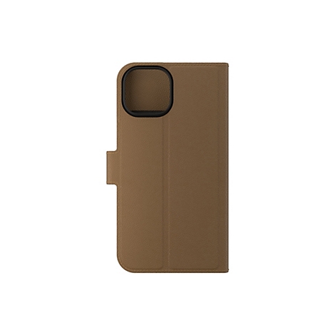 Braunes Leder-Handycase mit schwarzem Rahmen um die Kamera. Detailreiche Struktur, Klappe mit Verschluss.