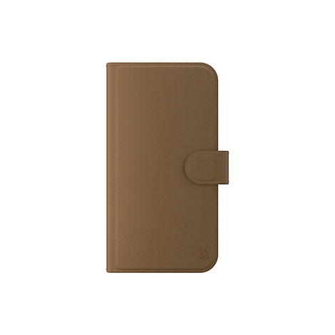 Étui de téléphone marron avec une texture simili cuir, un rabat et des coutures décoratives. Logo en bas à droite.