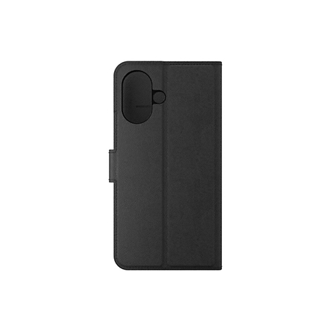 Étui de téléphone noir avec fonction de pliage ; découpe de l'appareil photo et languette.