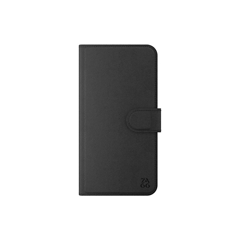 Coque de téléphone noire avec rabat et fermeture à bouton-pression. La surface a une texture semblable au cuir. Le logo "ZAGG" est visible en bas à droite.