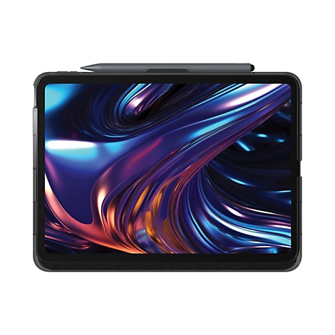 Une tablette avec un fond abstrait dans les tons de bleu et de violet, sur laquelle repose un stylo gris.