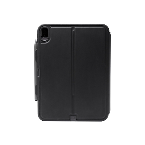 Étui pour iPad noir avec une boucle pour stylo et un couvercle fermé, posé sur un fond blanc.