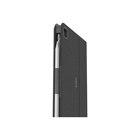 Ã‰tui de tablette gris avec boucle pour stylo, avec un stylo blanc Ã  l'intÃ©rieur.