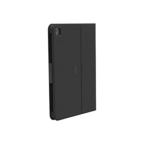 Ã‰tui de tablette noir fermÃ©. Un logo est visible sur le devant.