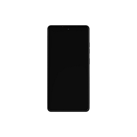 Ein schwarzes Smartphone vor weißem Hintergrund. Die Vorderseite ist komplett schwarz, die Ränder sind dunkel.