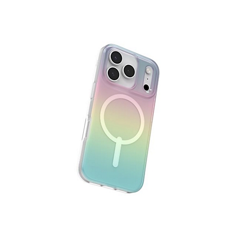 Ein iPhone-Handy in einer Hülle, die in Regenbogenfarben von Rosa über Gelb zu Blau verläuft, mit weißem Magnetring.