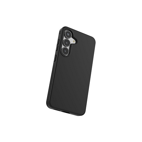 Schwarze Smartphone-Hülle in Perspektive. Drei Kameraobjektive auf der Rückseite. Texturierte Seite, glatte Oberfläche.