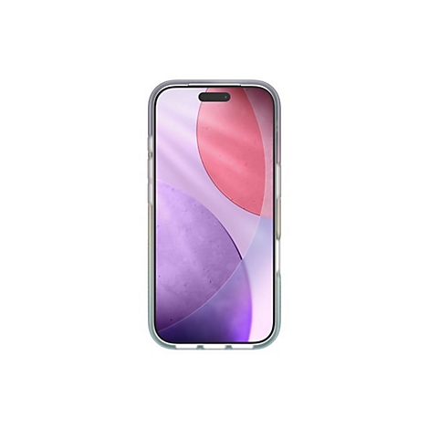 Ein Smartphone mit transparentem Case. Der Bildschirm zeigt abstrakte Farben: Pink, Lila und Gelb.