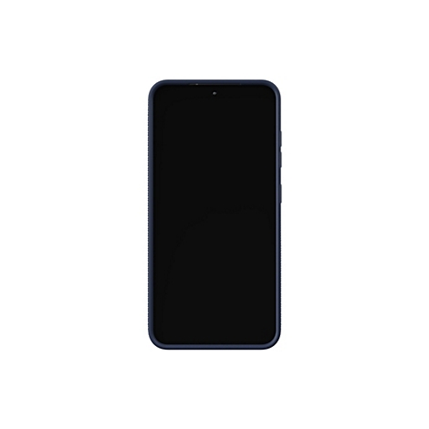 Smartphone mit schwarzem Bildschirm und blauem Rahmen, vor weißem Hintergrund.