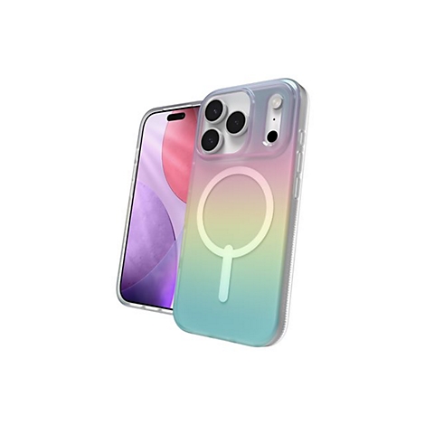 Ein iPhone mit farbiger Schutzhülle, das einen MagSafe-Ring zeigt.
