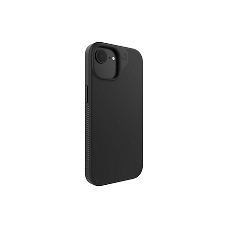 Coque de téléphone noire pour smartphone avec découpe caméra et encoches latérales.