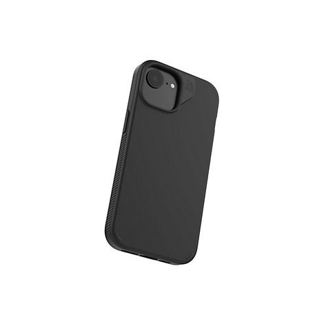 Coque de smartphone noire en vue oblique. L'étui entoure complètement l'appareil et possède une découpe pour l'appareil photo. Il y a un motif nervuré sur le côté.