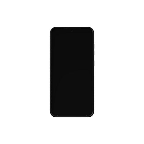 Un smartphone noir sur fond blanc. Il affiche un écran sombre avec des coins arrondis et une seule caméra frontale.