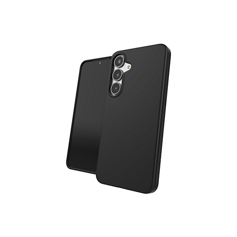 Smartphone noir avec coque de protection, vue détaillée. La coque entoure le téléphone, un module caméra est visible.