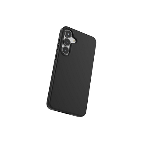 Coque de téléphone noire avec trois objectifs, légèrement inclinée sur fond blanc. La coque a des côtés texturés.