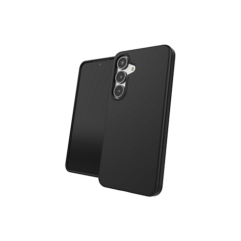 Un smartphone noir avec un étui, légèrement incliné sur fond blanc. L'arrière montre trois objectifs d'appareil photo.