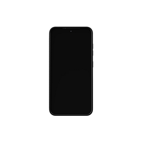 Un smartphone noir sur fond blanc. Il a un écran noir, une caméra en haut et des boutons sur le côté.