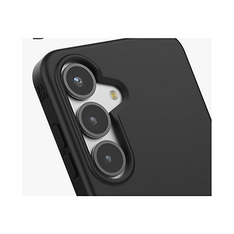 Gros plan d'un étui de téléphone noir avec trois lentilles d'appareil photo et un bouton. Le fond est blanc.