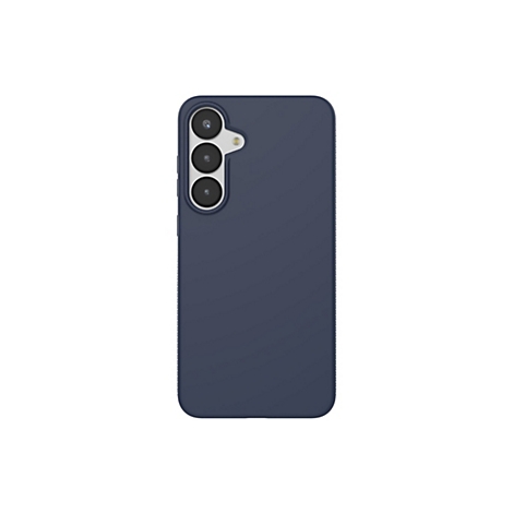 Coque de smartphone bleu foncé avec trois lentilles et un flash, sur fond blanc.