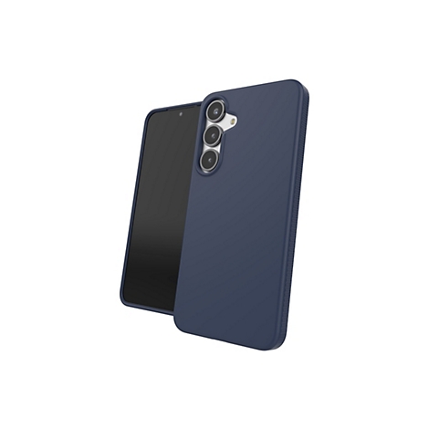 Smartphone bleu foncé avec étui, en gros plan. Montrant trois lentilles et une surface noire.