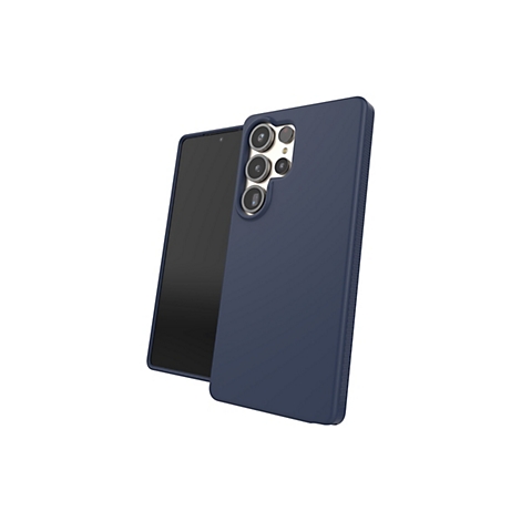 Un smartphone bleu foncé avec un étui, à côté d'un smartphone bleu foncé avec l'écran éteint.