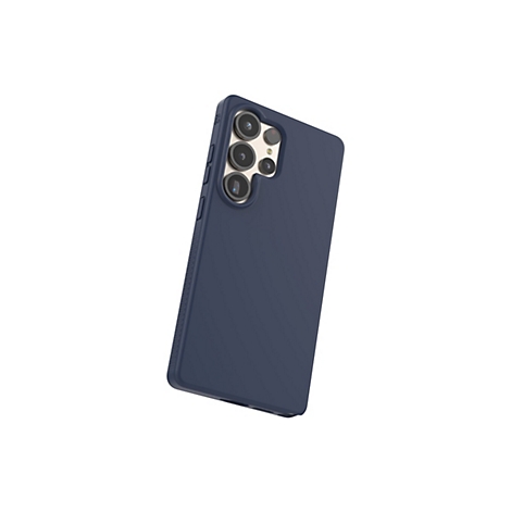Coque de téléphone bleu foncé, légèrement inclinée, montrant l'ouverture de la caméra. L'accent est mis sur la coque, qui a un fond blanc.