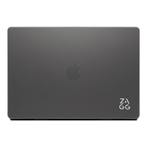 Dunkelgraues MacBook mit Apfel-Logo. Rechts unten befindet sich ein weißes ZAGG-Logo.