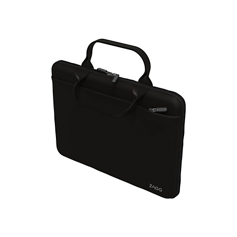 Schwarze Laptoptasche mit Tragegriff. Logo "ZAGG" auf der Tasche und am Reißverschluss.
