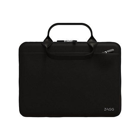 Schwarze Laptoptasche mit Tragegriff. Reißverschluss, ZAGG Logo.