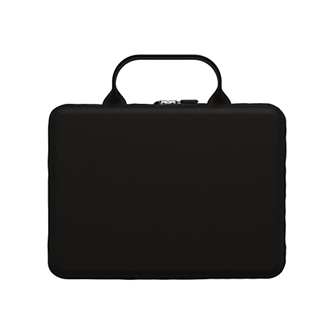 Schwarzer Aktenkoffer mit Griff. Das rechteckige Design verfügt über einen oberen Griff und einen silbernen Reißverschluss.