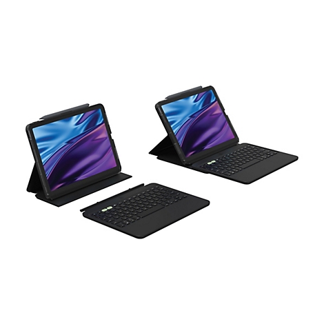 Ein schwarzes Tablet mit Tastatur und Stift in verschiedenen Perspektiven auf weißem Hintergrund. Das Display zeigt eine violett-blaue Grafik.