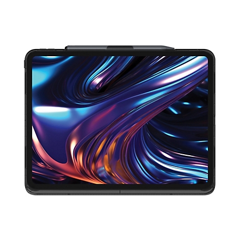 Ein Tablet mit Hülle und Stift vor weißem Hintergrund. Das Display zeigt eine abstrakte, farbenfrohe Grafik.