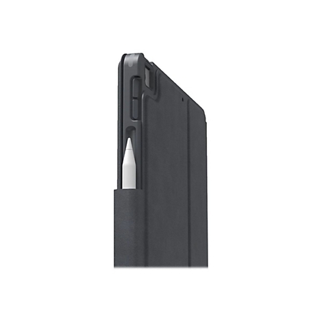 Housse de tablette gris foncé avec stylet blanc. Le stylet est inséré dans un support. Le fond est blanc.