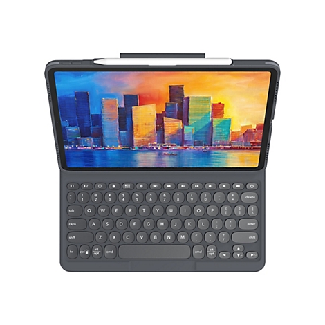 Ein graues Tablet mit einer angeschlossenen Tastatur und einem Stift, das Display zeigt eine farbenfrohe Stadtlandschaft. Das Tablet ist auf weißem Hintergrund geöffnet.