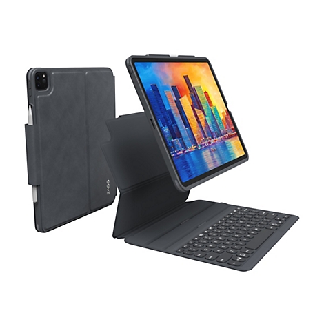 Dunkelgraue Tablet-Hülle mit integrierter Tastatur und Stifthalter. Das Tablet zeigt ein farbenfrohes Stadtbild.