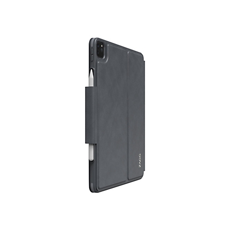 Graue Tablet-Hülle mit Stifthalterung. Ein weißer Stift steckt in der Hülle.