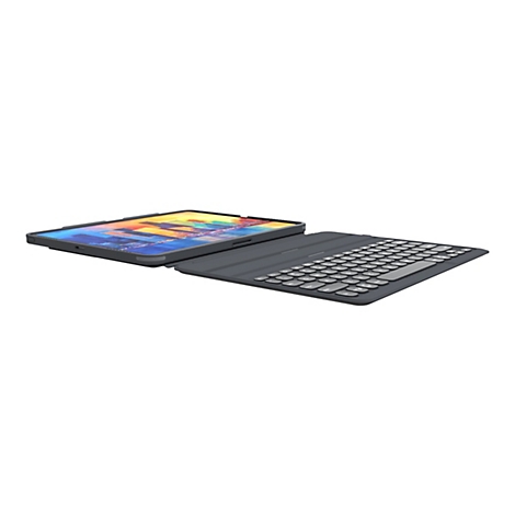 Dunkelgraues Tablet mit farbenfrohem Bildschirm, daneben eine dunkle Tastatur, beide auf weißem Grund.