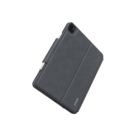 Dunkelgraues iPad Case, mit Stifthalter und Logo ZAGG, auf weißem Hintergrund.