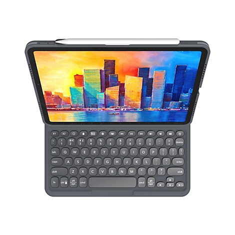 Ein Tablet mit angebrachtem Keyboard und Stift, auf dem ein Kunstwerk mit bunten Hochhäusern zu sehen ist.