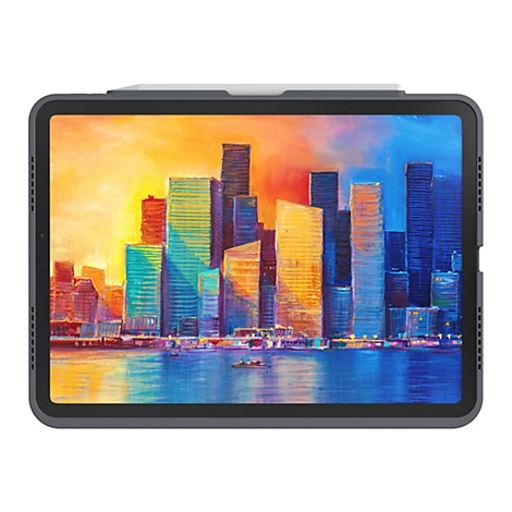 Ein Tablet zeigt ein Gemälde einer Skyline mit bunten Wolkenkratzern über dem Wasser, der Himmel ist gelb, orange und blau.