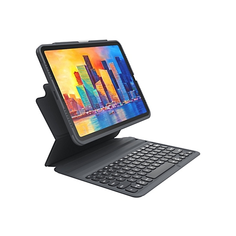 Dunkelgraues Tablet mit Tastatur, Display mit Stadtlandschaft.