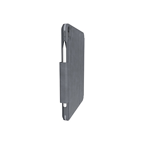 Graues iPad-Case mit Halterung für einen weißen Stift. Das Case und der Stift sind vor weißem Hintergrund abgebildet.