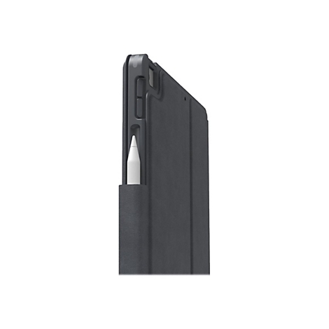 Graue Tablet-HÃ¼lle mit Stifthalterung, ein weiÃŸer Stift steckt darin.