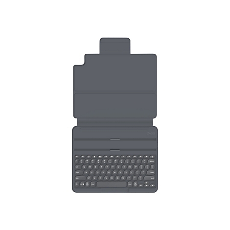 Graues Tablet-Keyboard mit integriertem Ständer, geöffnet. Auf der Tastatur sind Buchstaben und Symbole in weißer Schrift zu sehen. Der Markenname ZAGG ist zu sehen.