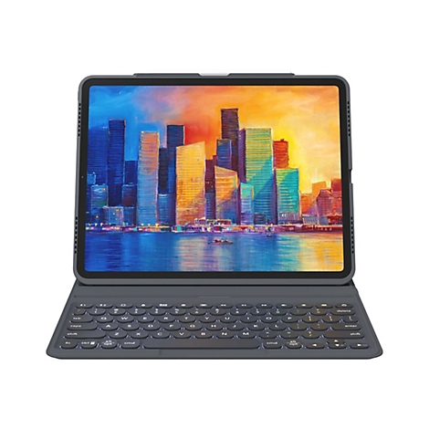 Tablet mit beleuchteter Tastatur, Bildschirm mit Stadtansicht in bunten Farben. Geöffnet, Blick von oben.