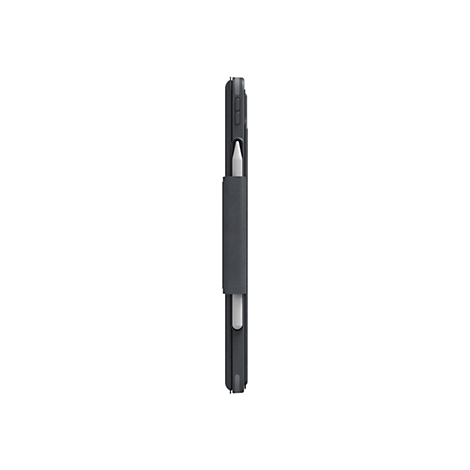 Ein schwarzes iPad mit Stifthalter und Stift, seitlich betrachtet.