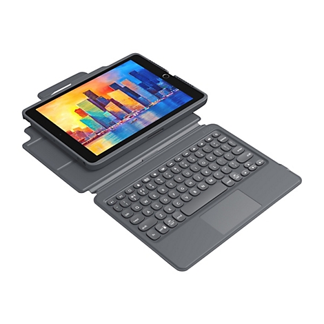 Graue Tablet-Hülle mit aufgestelltem Tablet und Tastatur; auf dem Display ist ein buntes Stadtbild zu sehen.