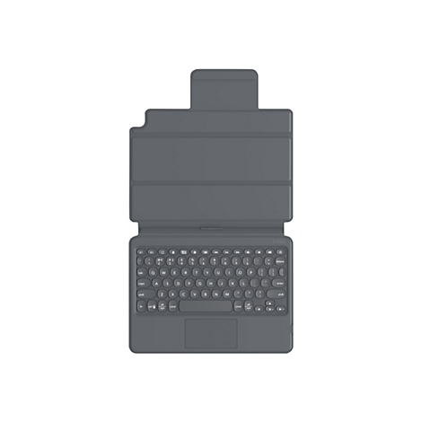 Dunkelgraue Tablet-Tastatur mit integriertem Touchpad. Die Tastatur hat ein Layout mit Buchstaben und Sonderzeichen sowie Tasten für Mediensteuerung.