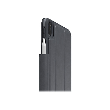 Étui iPad gris foncé avec porte-stylet, montrant un stylet blanc. Détails de l'étui.