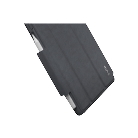 Housse de tablette gris foncé avec porte-stylo, à côté d'un stylo blanc.